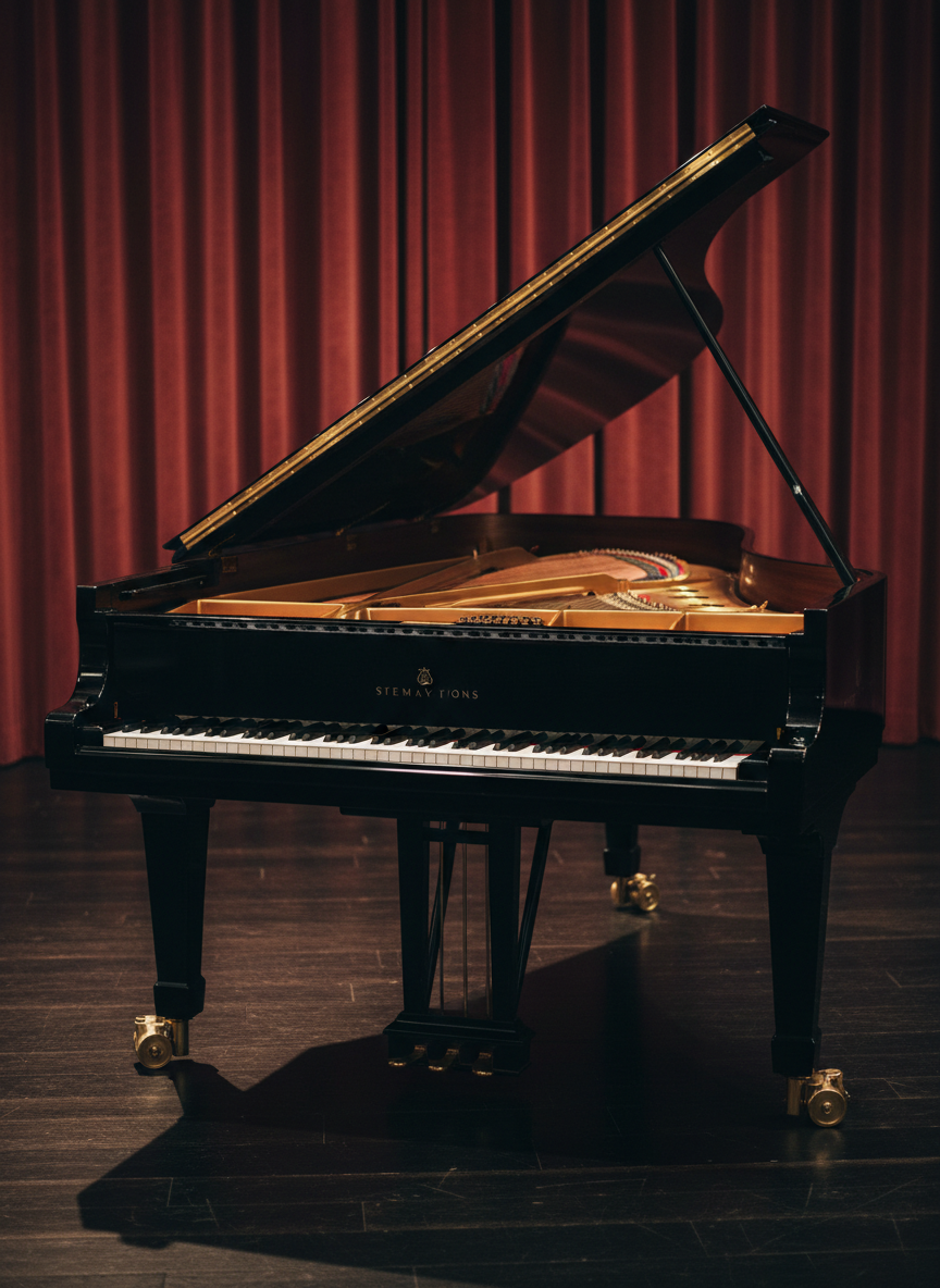 A glossy black grand piano with its lid fully open, revealing golden strings and gleaming hammers, stands prominently on a dark wooden stage floor. The polished surface reflects subtle highlights from warm, focused stage spotlights above, casting soft shadows that emphasize its elegant curves. Behind it, a blurred backdrop of heavy burgundy velvet curtains suggests a concert hall without showing any audience. Photographed at eye level from the keyboard side, the shot uses a shallow depth of field so the piano’s keys and interior are in crisp focus while the background melts into soft bokeh. The mood is professional and refined, evoking a world-class jazz performance in a photographic realism style.