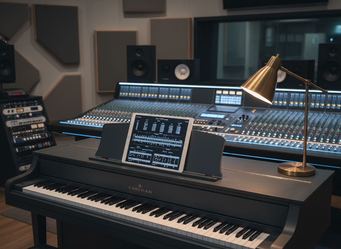 An elegant recording studio control room features a high-end digital piano with realistic weighted keys positioned in front of a large, sleek mixing console. Multiple studio monitors and minimalistic acoustic panels line the walls, all in muted charcoal and warm gray tones. On the piano’s built-in stand, a tablet displays sophisticated jazz chord voicings and harmonic analysis diagrams. Soft, cool LED strip lighting runs along the console edges, contrasted by a warm desk lamp that casts a gentle pool of light over the keys. Shot from a slightly elevated three-quarter angle, the composition balances the piano in the foreground with blurred studio equipment receding into the background. The mood is focused, professional, and technologically advanced, with polished photographic realism and a contemporary aesthetic.