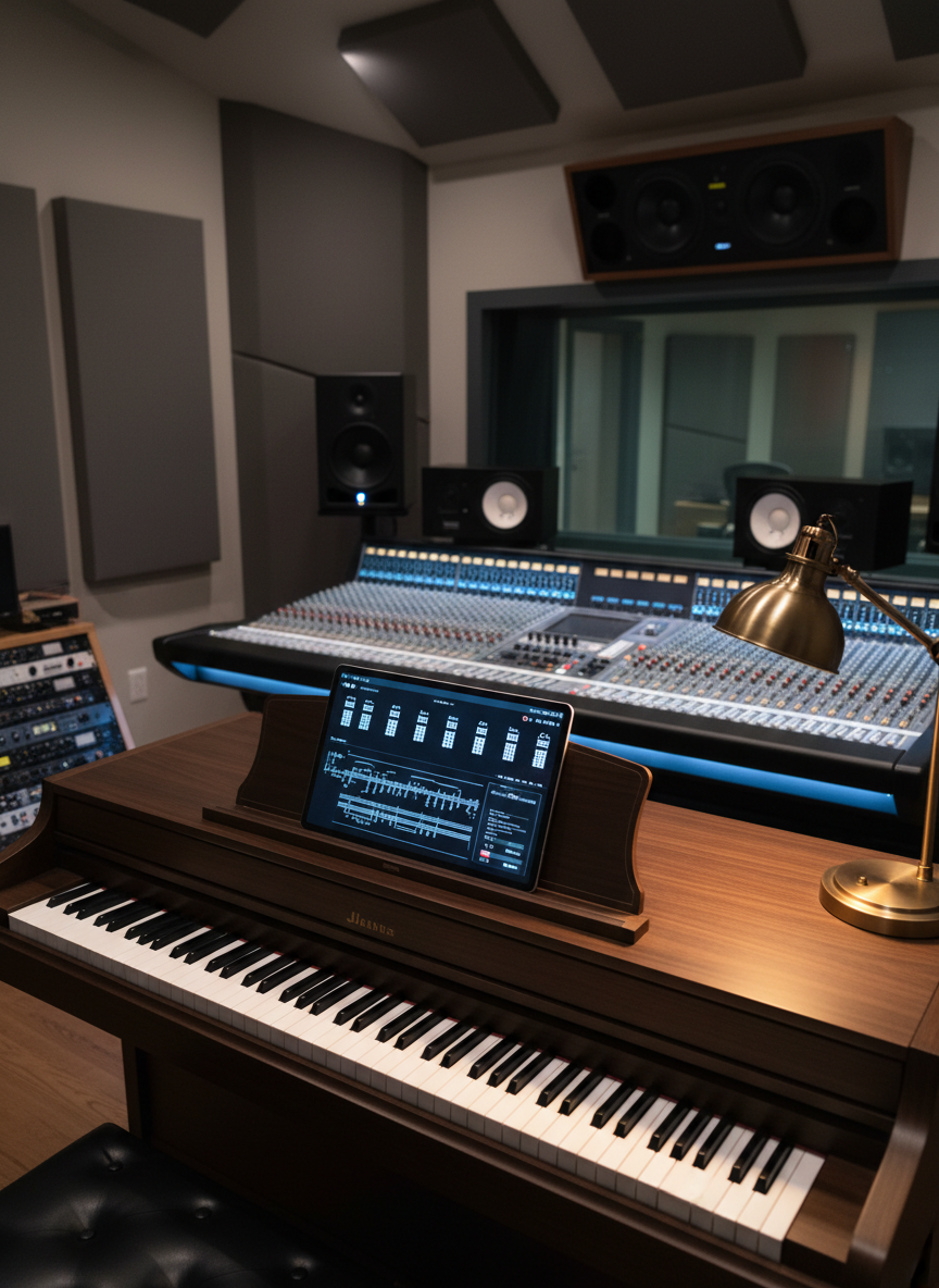 An elegant recording studio control room features a high-end digital piano with realistic weighted keys positioned in front of a large, sleek mixing console. Multiple studio monitors and minimalistic acoustic panels line the walls, all in muted charcoal and warm gray tones. On the piano’s built-in stand, a tablet displays sophisticated jazz chord voicings and harmonic analysis diagrams. Soft, cool LED strip lighting runs along the console edges, contrasted by a warm desk lamp that casts a gentle pool of light over the keys. Shot from a slightly elevated three-quarter angle, the composition balances the piano in the foreground with blurred studio equipment receding into the background. The mood is focused, professional, and technologically advanced, with polished photographic realism and a contemporary aesthetic.