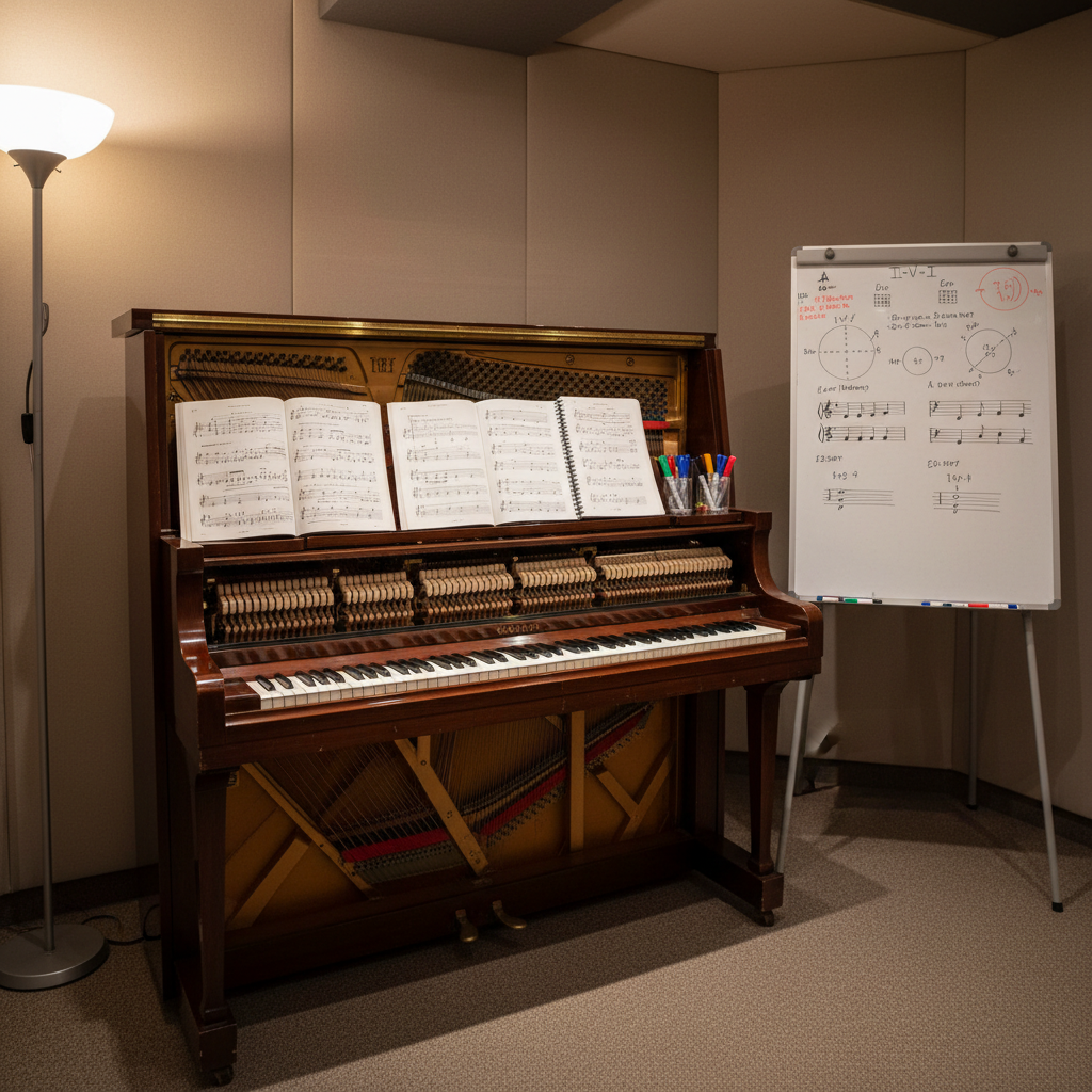 A small, acoustically treated jazz rehearsal room centers on a glossy upright piano in deep mahogany, its front panel removed to reveal felt-covered hammers and taut strings. Surrounding the piano are open theory books with jazz harmony annotations, a neatly arranged set of colored markers, and a small whiteboard on a stand filled with chord progressions and scale diagrams. Warm overhead lighting and a single directional floor lamp create a cozy, concentrated atmosphere, casting soft, elongated shadows on the carpeted floor. Photographed at eye level with moderate depth of field, the composition keeps the piano and whiteboard sharp while the corners of the room fade into a gentle blur. The scene feels like a dedicated space for music mediation and teaching, rendered in clear, true-to-life photographic style.